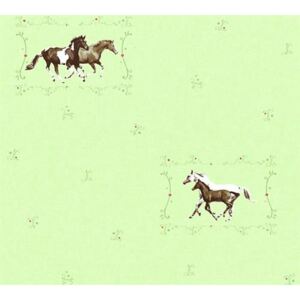 Dětské vliesové tapety na zeď Little Stars 35837-1, rozměr 10,05 m x 0,53 m, koně na zeleném podkladu, A.S.Création