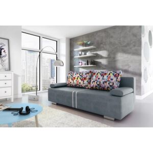 Rozkládací pohovka s úložným prostorem v světle šedé barvě s barevnými polštáři F1094