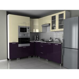 Rohová kuchyňská linka 230x190 cm v kombinaci fialová a vanilka lesk s úchytkami KRF F1330