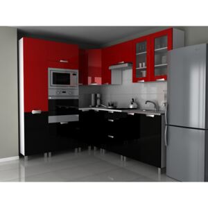 Rohová kuchyňská linka 230x190 cm v kombinaci černý a červený lesk s úchytkami KRF F1330