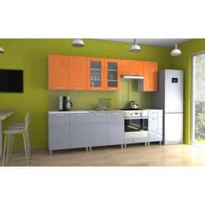 Kuchyňská linka v kombinaci oranžového a šedého lesku s úchytkami MDR 260 cm F1335