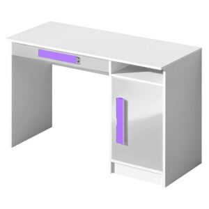 Pracovní stůl 120x50 cm v bílé barvě s fialovými úchytkami typ 9 KN1077