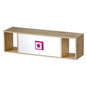 Závěsná skříňka s policemi v dekoru dub jasný v kombinaci s bílou barvou a s růžovými úchytky typ 12 KN1078