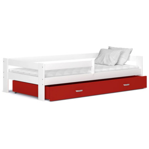 Dětská postel HARRY s barevnou zásuvkou+matrace, 180x80, bílá/červená