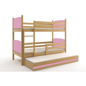 Patrová postel BRENEN 3 + matrace + rošt ZDARMA, 90x200, borovice, růžová