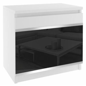 Bílý noční stolek beauty s černým sklem a hliníkovými pásky