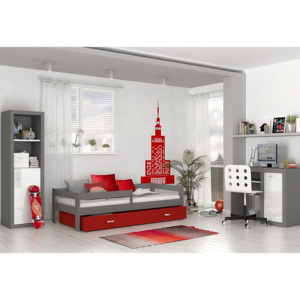 Dětská postel HARRY s barevnou zásuvkou+matrace, 180x80, šedá/červená