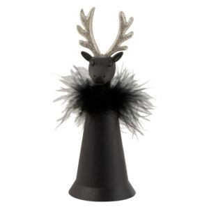 Černý plechový zvonek s peříčky a hlavou jelena - Ø 7*18 cm