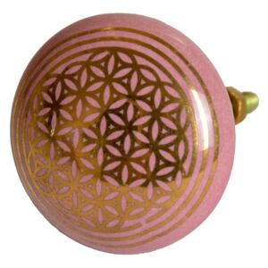 Sanu Babu Malovaná porcelánová úchytka na šuplík, růžová, zlatý tisk květ života, 4,3cm