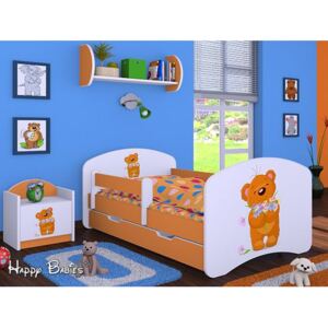 Dětská postel se šuplíkem 180x90cm MEDVÍDEK S KYTIČKAMI - oranžová