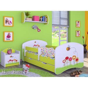 Dětská postel se šuplíkem 180x90cm VČELIČKA A KYTIČKY - zelená