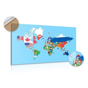 Obraz na korku mapa světa s vlajkami