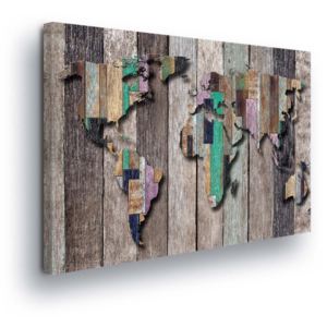 Obraz na plátně - Barevná Mapa Světa na Dřevěném Pozadí II 100x75 cm