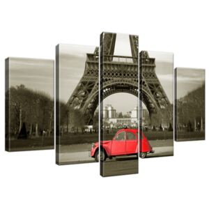 Obraz na plátně Červené auto před Eiffelovou věží v Paříži 100x63cm 3533A_5D