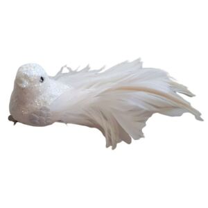 Bílá třpytivá ozdoba ptáček s peříčky - 4*16 cm - sada 6ks