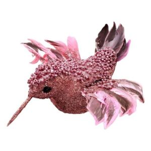 Růžová třpytivá ozdoba ptáček kolibřík s peříčky - 15*15 cm