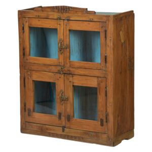 Sanu Babu Prosklená skříňka z teakového dřeva, tyrkysová uvnitř, 74x30x91cm