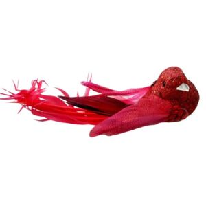 Červená třpytivá ozdoba ptáček s peříčky - 4*15 cm - sada 6ks