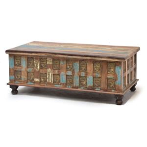 Truhla z teakového dřeva zdobená mosaznými Buddhy, 120x60x46cm