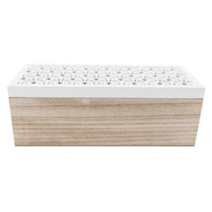 Dřevěná krabička s bílým vyřezávaným víkem se 3 přihrádkami - 23*9*8 cm