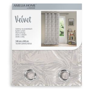 AmeliaHome Dekorační závěs Velvet, stříbrně šedá, listy, béžová, 140x245