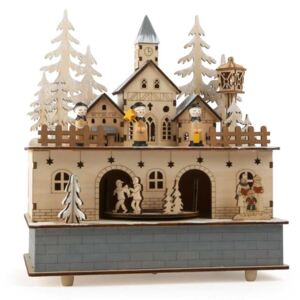 Dřevěná hrací skříňka se světlem - Zimní vesnice