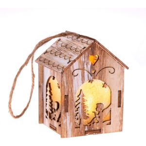 Závěsný dřevěný domeček s LED světlem Anděl, 5 x 8,2 cm