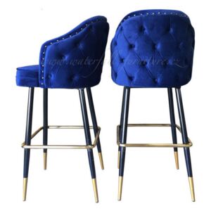 Designová modrá sametová barová židle