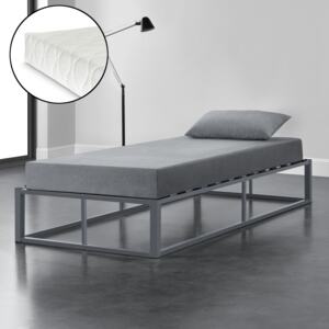 [en.casa] Kovová postel "Kreta" ABMB-0959 90x200 cm tmavě šedá s matrací a roštem