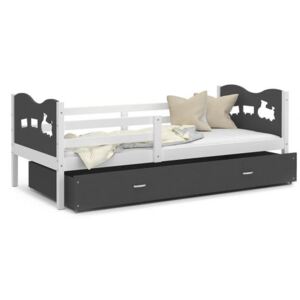 Dětská postel MAX P 80x160cm s bílou konstrukcí v šedé barvě s motivem vláčku