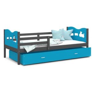 Dětská postel MAX P 80x160cm s šedou konstrukcí v modré barvě s motivem vláčku