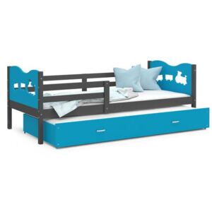 Dětská postel MAX P2 90x200cm s šedou konstrukcí v modré barvě s motivem vláčku
