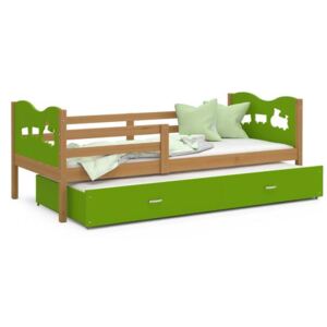 Dětská postel MAX P2 90x200cm s olše konstrukcí v zelené barvě s motivem vláčku