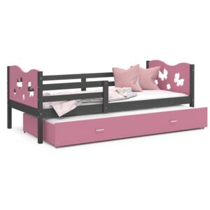 Dětská postel MAX P2 90x200cm s šedou konstrukcí v růžové barvě s motivem motýlků