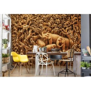 Fototapeta - 3D Carved Wood Jungle Elephants Sepia Vliesová tapeta - 206x275 cm