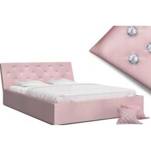 Luxusní manželská postel CRYSTAL růžová 140x200 s dřevěným roštem