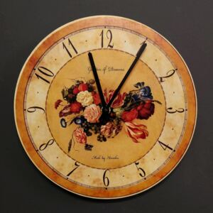 AMADEA Dřevěné hodiny nástěnné kulaté s květy, masivní dřevo, průměr 25 cm