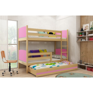 Dětská patrová postel s přistýlkou v kombinaci dekoru borovice a růžové barvy F1381