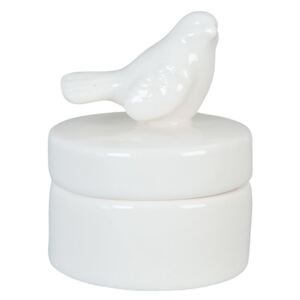 Bílý porcelánový box s ptáčkem - Ø 6*7 cm