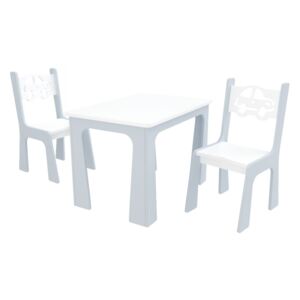 Stůl + dvě židle - auta bílo-šedá