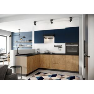 Rohová kuchyně Leya levý roh 255x170 cm (modrá mat/dřevo) HENRY STYLE