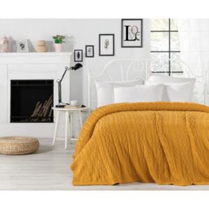 Hořčicově žlutý přehoz přes postel Knit, 220 x 240 cm