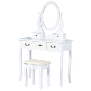 GOODHOME Toaletní kosmetický stolek se zrcadlem a taburetem Zoe bílý
