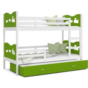 Dětská patrová postel s přistýlkou MAX Q - 200x90 cm - zeleno-bílá - vláček