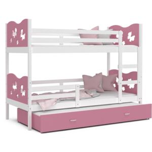 Dětská patrová postel s přistýlkou MAX Q - 200x90 cm - růžovo-bílá - motýlci