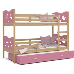 Dětská patrová postel s přistýlkou MAX Q - 190x80 cm - růžová/borovice - motýlci