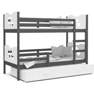 Dětská patrová postel s přistýlkou MAX Q - 200x90 cm - bílo-šedá - srdíčka