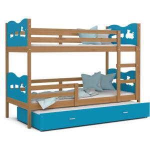 Dětská patrová postel s přistýlkou MAX Q - 190x80 cm - modrá/olše - vláček