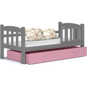 DOBRESNY Dětská postel ALAN 160x70 s barevnou zásuvkou ŠEDÁ-RŮŽOVÁ