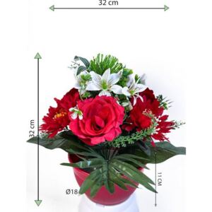 Dekorativní miska s umělou chryzantémou a růží, červená, 32 cm
